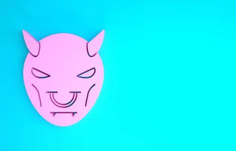 Pink Mask of the devil with horns icon isolated on blue background. Minimalis Illustrazione stock