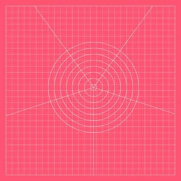 Pink mathematical grid featuring concentric circles, radial lines, and precise Stock Illustration