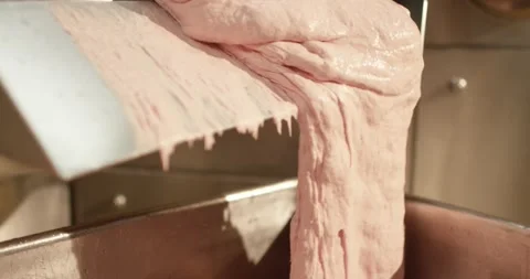 Pink meat paste moves along a blue conveyor in a food plant, Close Up Stock Footage 340006716
