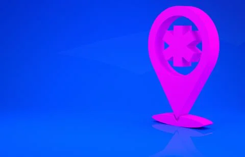 Pink Medical map pointer with cross hospital icon isolated on blue background 스톡 일러스트