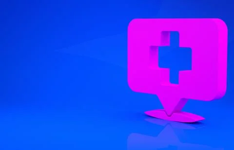 Pink Medical map pointer with cross hospital icon isolated on blue background Stock Illustration