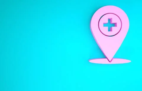 Pink Medical map pointer with cross hospital icon isolated on blue background 스톡 일러스트