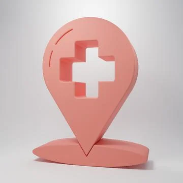 Pink Medical map pointer with cross hospital icon isolated on pink backgrou.. Stock Illustration