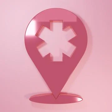 Pink Medical map pointer with cross hospital icon isolated on pink backgrou.. Stock Illustration