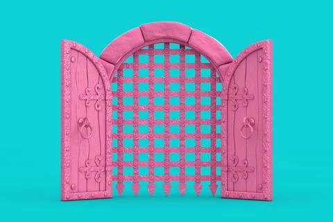 Pink Medieval Arch Stone Blocks Castle Gate with Metal Lattice in Duotone Sty Stock Illustration