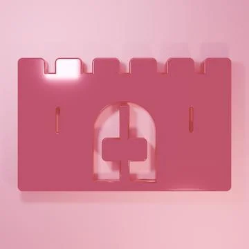 Pink Medieval castle gate in a stone wall icon isolated on pink background... Illustrazione stock