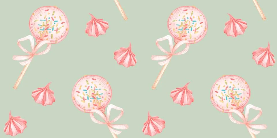 Pink Meringue Lollipop Pattern Mint Background 库存插图