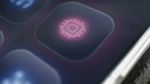 Pink microchip icon glows on a smartphone technology interface Stock Footage 342487651