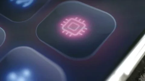 Pink microchip icon glows on a smartphone technology interface Stock Photos
