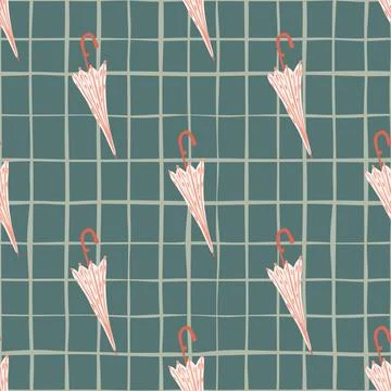 Pink minimalistic seamless pattern with pink umbrella elements. Green chequer Stock Illustration