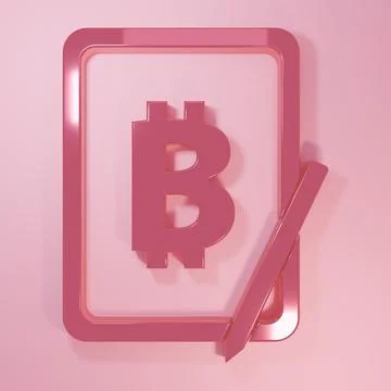 Pink Mining bitcoin from graphic tablet icon isolated on pink background. C.. Stock-Illustration