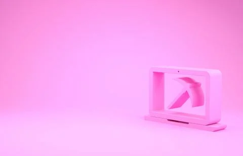 Pink Mining concept with laptop and pickaxe icon isolated on pink background. Stock Illustration
