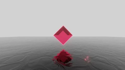 Pink mirror cube with neon glowing edges floating on a dark water surface Stock Footage 253268771