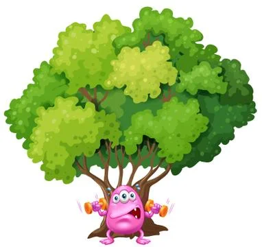 A pink monster exercising under the tree Stock Illustration