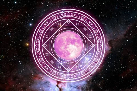 Pink moon in magic six star magenta energy rotate slow appear galaxy backgrou Stock Illustration