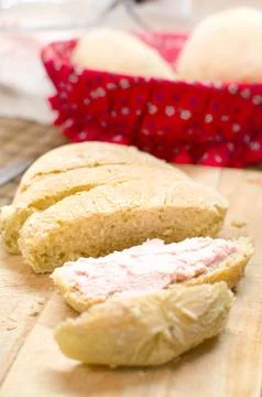 Pink mousse bread slices spreadable mortadella bologna Stock Photos