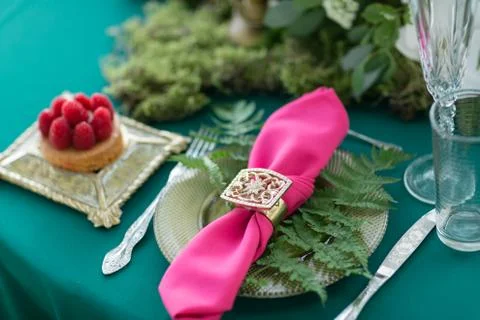 Pink napkin with a patterned clip. table setting. Wedding decor in the magic Stock Photos