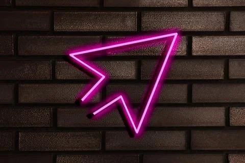 Pink neon arrow-shaped pointer on brick wall Stock Photos