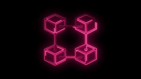 Pink neon blockchain network connecting cubes on black background seamless .. Stock Footage 315958690