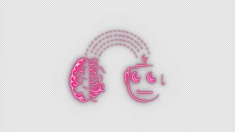 Pink Neon Brain and Robot Head Connected by Dashed Lines Stock Footage 320814654