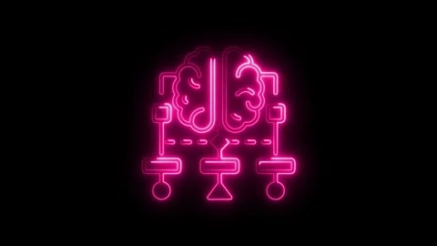 Pink neon brain connecting to network nodes on black background artificial .. Stock Footage 308190913