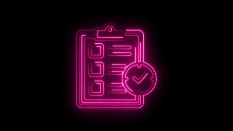 Pink neon checklist icon with checkmark and timer symbol on black backgroun.. Stock Footage 346103901