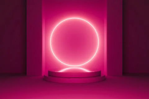 Pink neon circle light gate background 3D render Stock Illustration