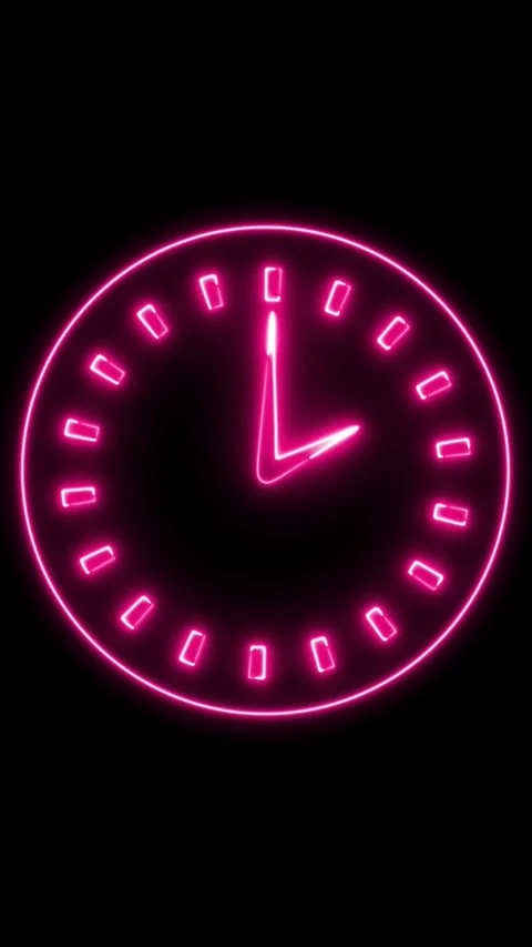 Pink neon clock icon on black background. Pink neon clock icon time symbol... Stock Footage 345719804