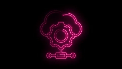 Pink neon cloud gear with network connection symbol on black background dig.. Stock Footage 346014041