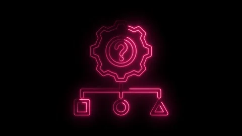 Pink neon cogwheel with question mark and flowchart displayed on a black ba.. Stock Footage 346001575