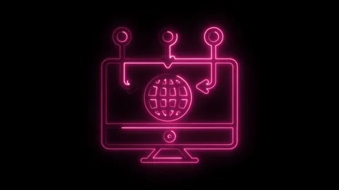 Pink neon computer screen with world globe and phishing hooks illustration Stock Footage 314650965