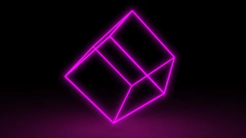 A pink neon cube rotates in a dark space casting a shadow on the floor. Seamless Stock Footage 122048551
