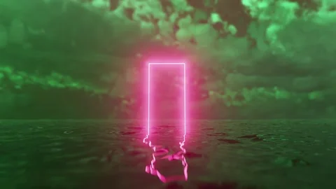 Pink neon glowing rectangular portal above green water surface Stockbeeldmateriaal 310793182