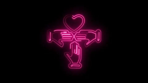 Pink neon hands reaching towards heart symbol forming connection and unity Stock Footage 333956996