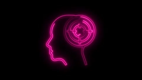 Pink neon head with target inside abstract mental process animation Stock Footage 308605659