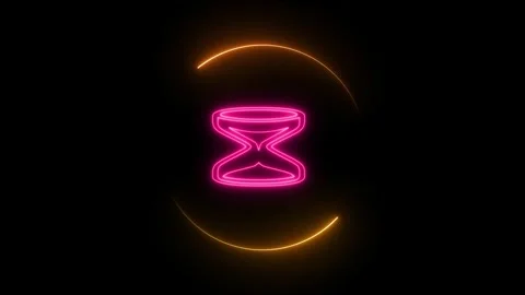 Pink neon hourglass icon within a yellow neon circular frame on a animated .. Stock Footage 332705955
