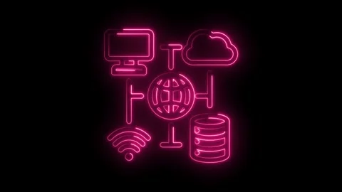 Pink neon icon of network technology data cloud storage and connection Stock Footage 346000915