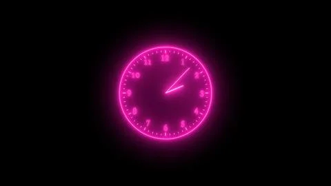 Pink neon light analog clock isolated on black background Stock Illustration