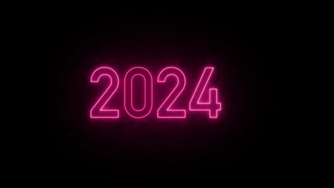 Pink neon light sign background, glowing flashing 2024 neon text background Stock Footage 256889348
