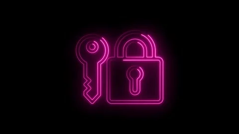 Pink neon lock and key glowing on icon black background abstract security c.. Stock Footage 346139149