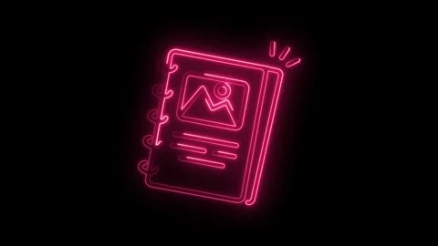 Pink neon notebook with landscape picture and text on black background anim.. Stock Footage 345996770
