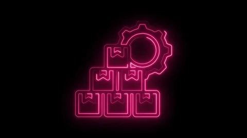 Pink neon outline of stacked boxes and a gear symbol on a black background .. Stock Footage 346009381
