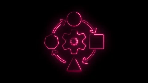 Pink neon process flow with shapes on black background revealing cycle of Stock Footage 322957363