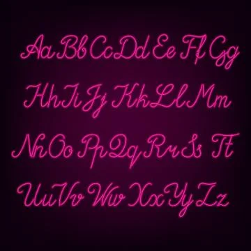 Pink neon script alphabet font. Neon color uppercase and lowercase letters. Stock Illustration