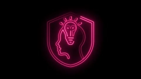 Pink neon shield with human profile and light bulb animation on black background Stock Footage 330778017