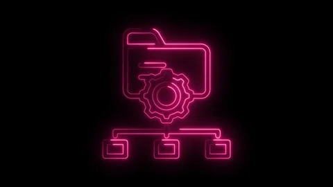 Pink neon style server network folder with gear settings animation on black.. Video stock 346001751