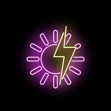 Pink neon sun and lightning icon representing solar energy 스톡 일러스트
