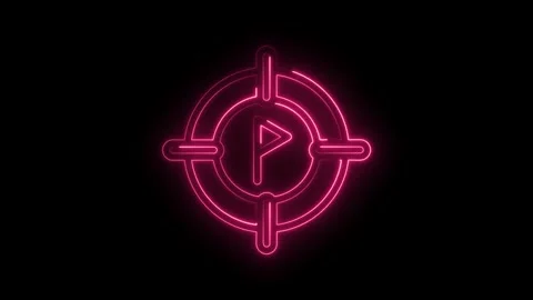 Pink neon target reticle with play icon glowing on a black background video Stock Footage 346000059
