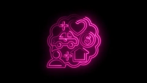 Pink neon thought bubble with icons of person car house heart dollar sign r.. Stock Footage 346112524