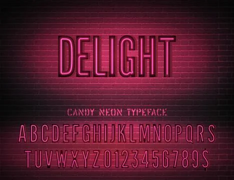Pink neon typeface and vector Delight night light sign Stock Illustration